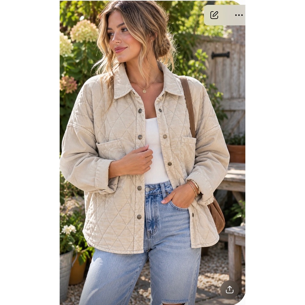 Oli & Hali Women's M Quilted Corduroy Shacket Jacket Cream Beige Oversized Boho